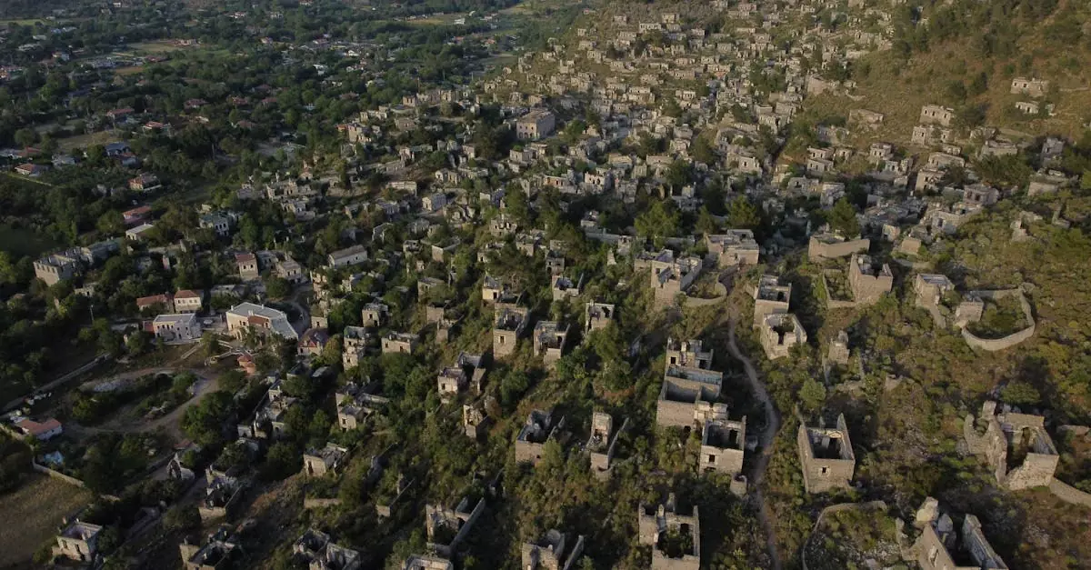 Explore the abandoned stone houses of Kayak&ouml;y Ghost Town in Fethiye, Turkey from above.