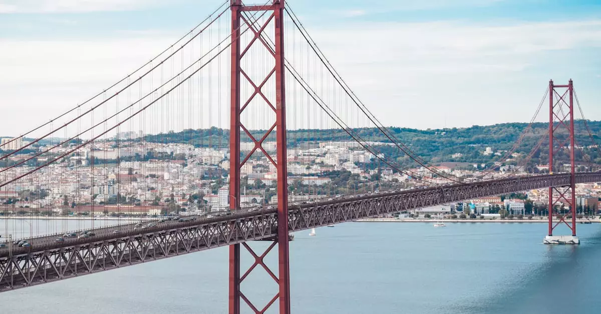 Aerial view of the iconic 25 de Abril Bridge in Lisbon, Portugal, spanning the Tagus River.