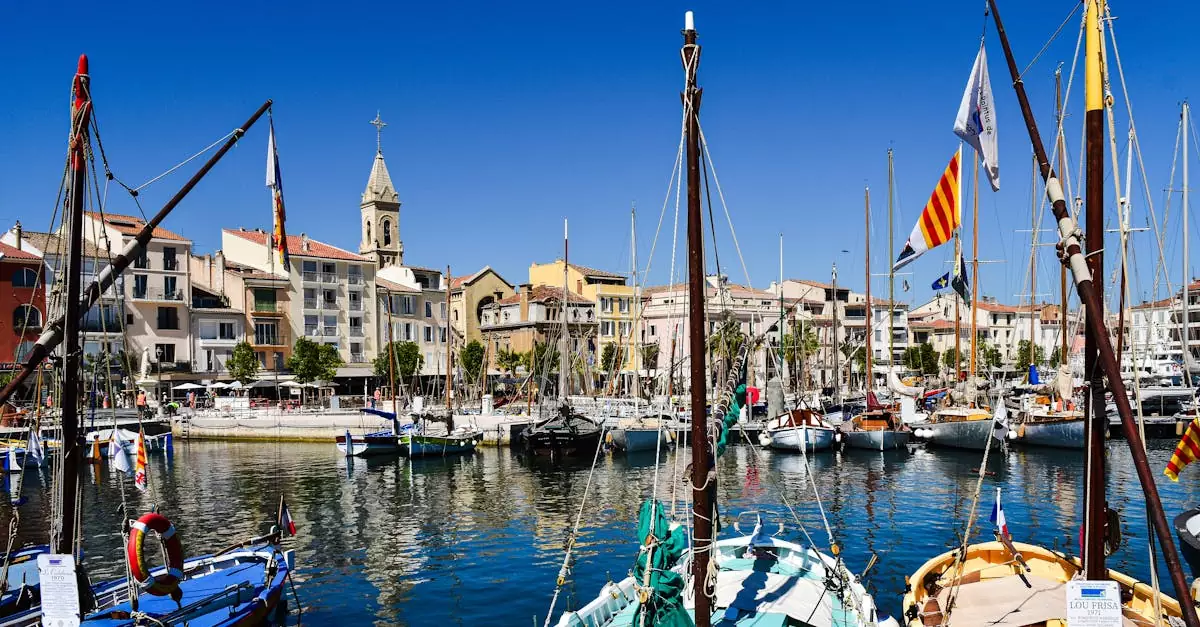 Scenic view of a vibrant harbor with boats and architecture in Provence-Alpes-Côte d'Azur, France.