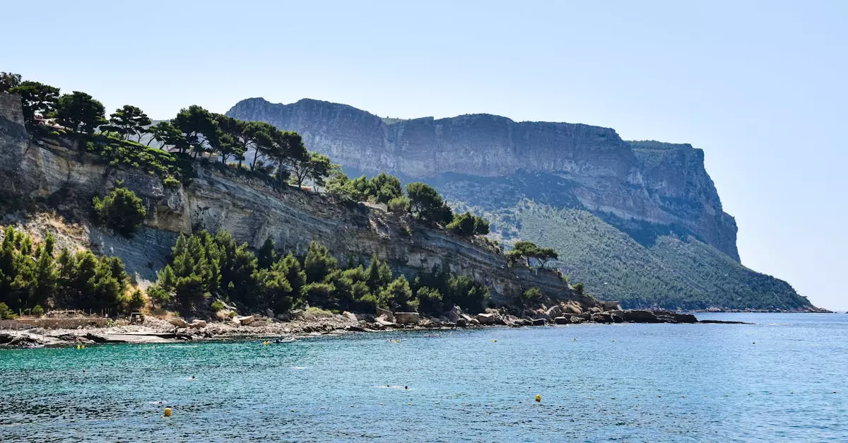 Stunning view of coastal cliffs and clear blue water in Cassis, Provence, France.
