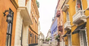 Vibrant colonial architecture on a historic street in Cartagena, Colombia.