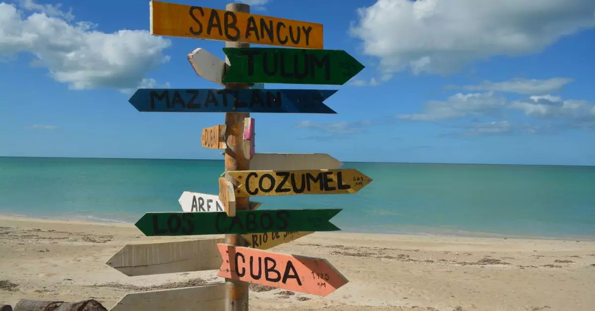 Colorful signpost on a sunny beach, pointing to popular vacation destinations.