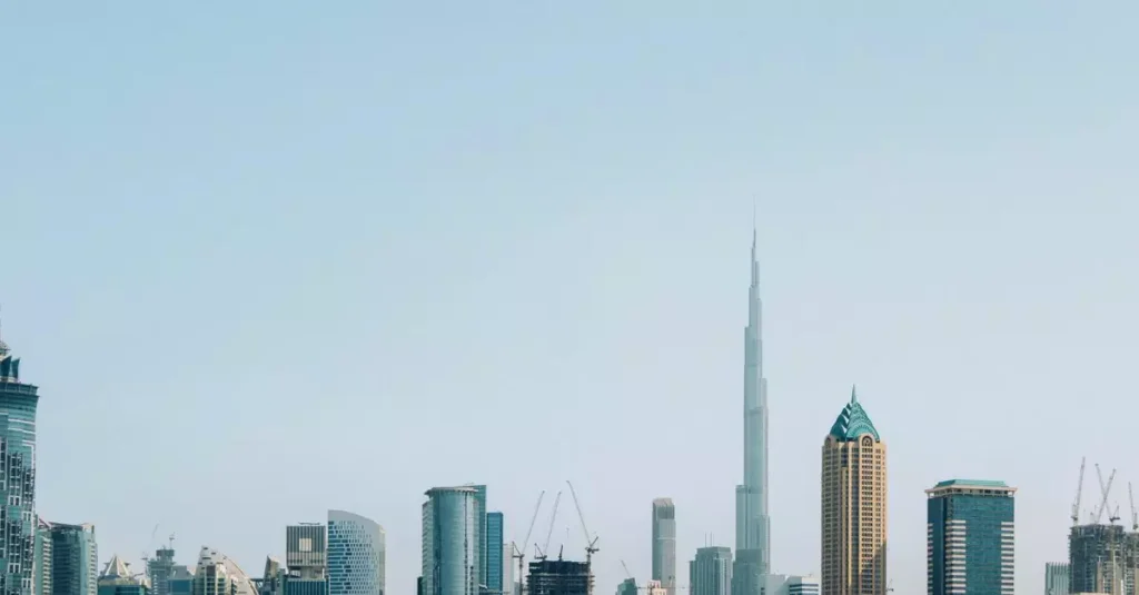 Dubai Architecture: Ancient Forts to Future Skylines 8 A stunning view of Dubai's skyline with the Burj Khalifa towering above modern skyscrapers.