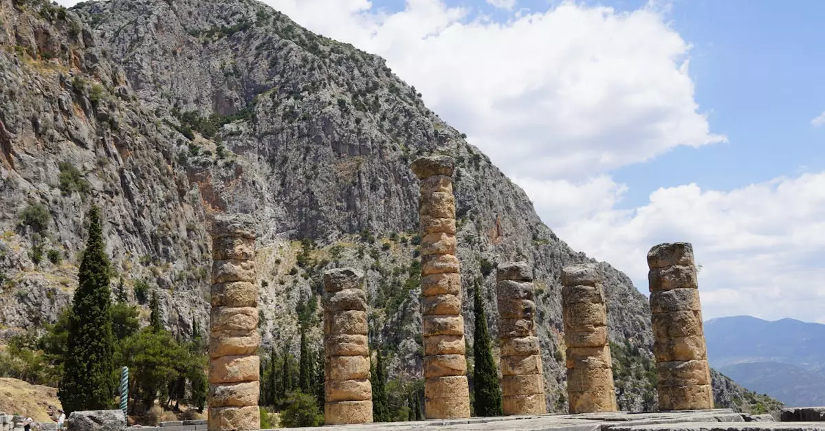 Capture of ancient temple columns at Delphi, Greece, under a bright sky.