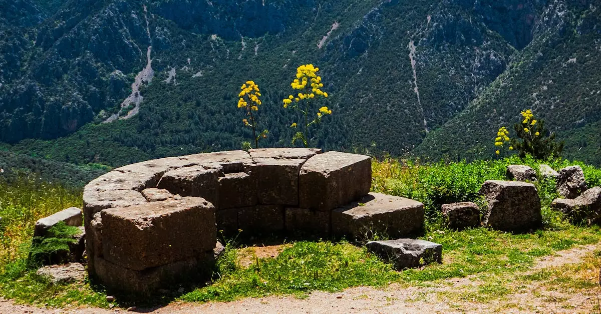 Explore the breathtaking ancient ruins of Delphi, Greece, with a stunning mountain backdrop and vibrant flora.