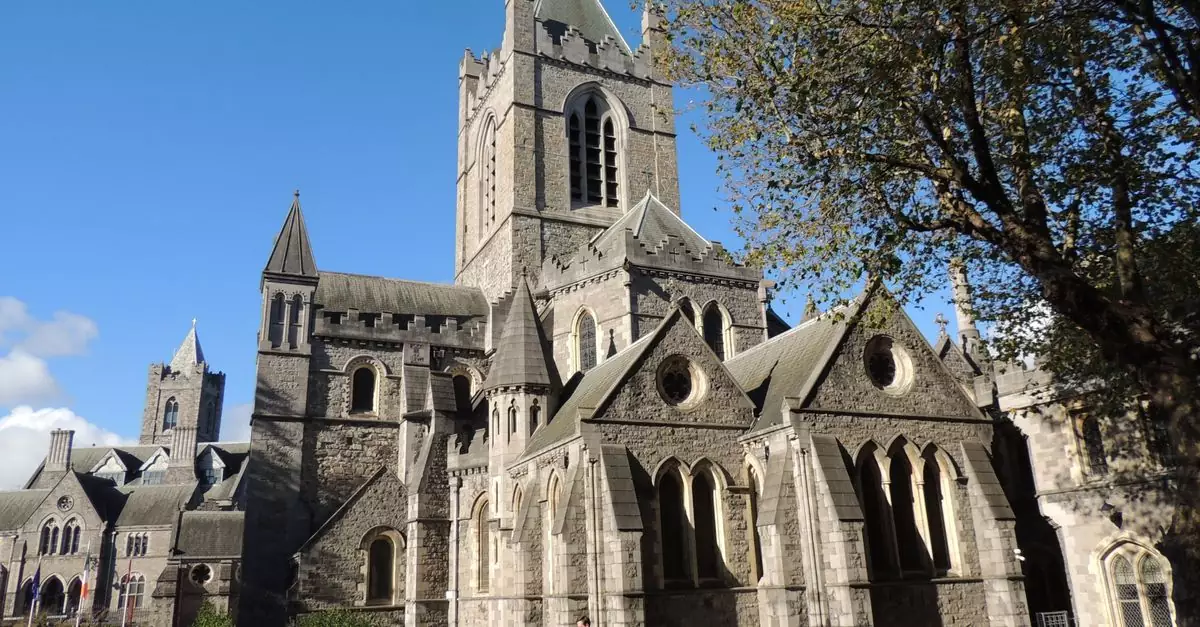 Gothic architecture of Christ Church Cathedral in Dublin on a sunny day.