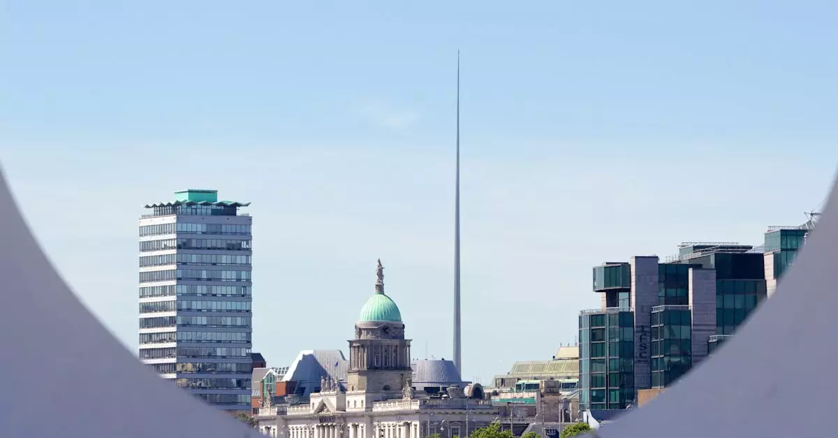 A captivating view of Dublin's skyline, showcasing The Spire and historic Custom House.