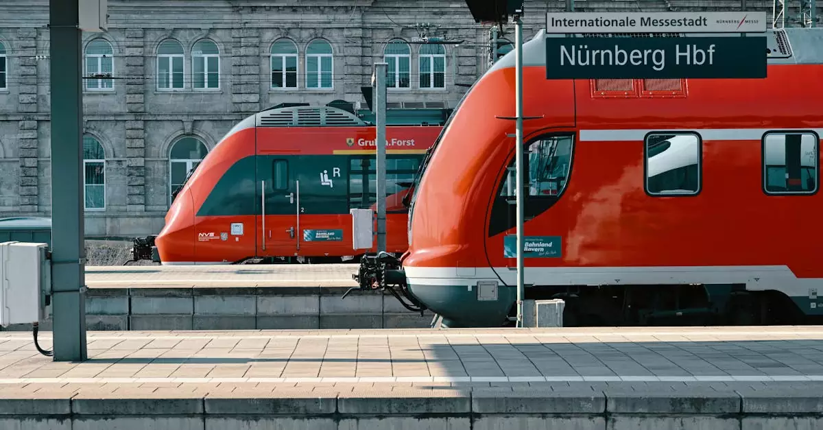 Red trains at N&uuml;rnberg Hauptbahnhof station on a sunny day, showcasing public transportation.