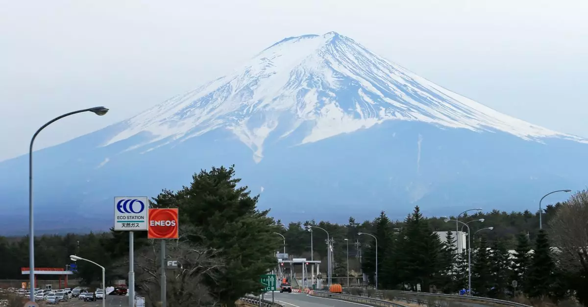 Scenic view of Mount Fuji with highway foreground in Shizuoka, Japan.