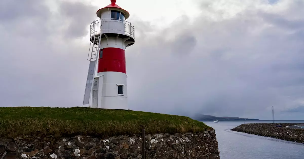 A scenic lighthouse on a rocky seashore under cloudy skies, providing maritime guidance.