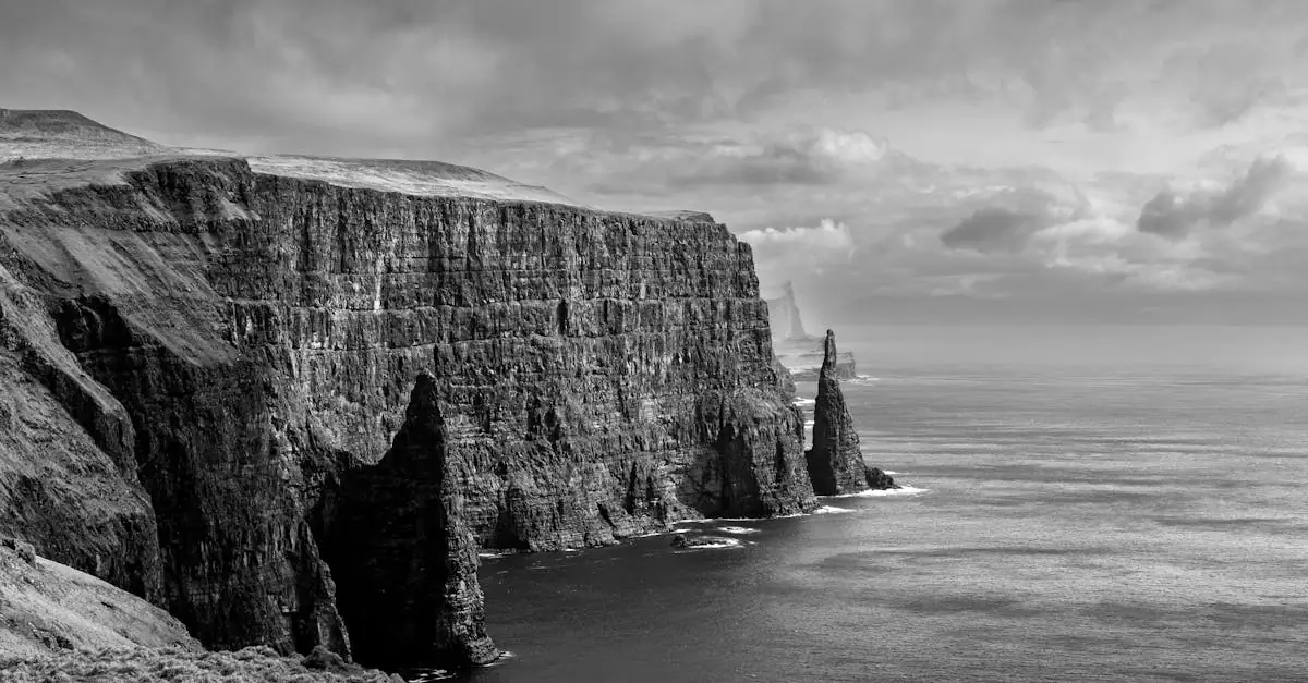 Stunning black and white photo capturing the majestic coastal cliffs of the Faroe Islands under dramatic skies.