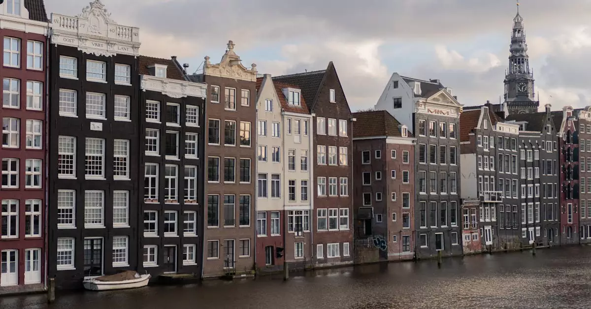 Charming view of iconic canal houses along Damrak in Amsterdam, Netherlands.