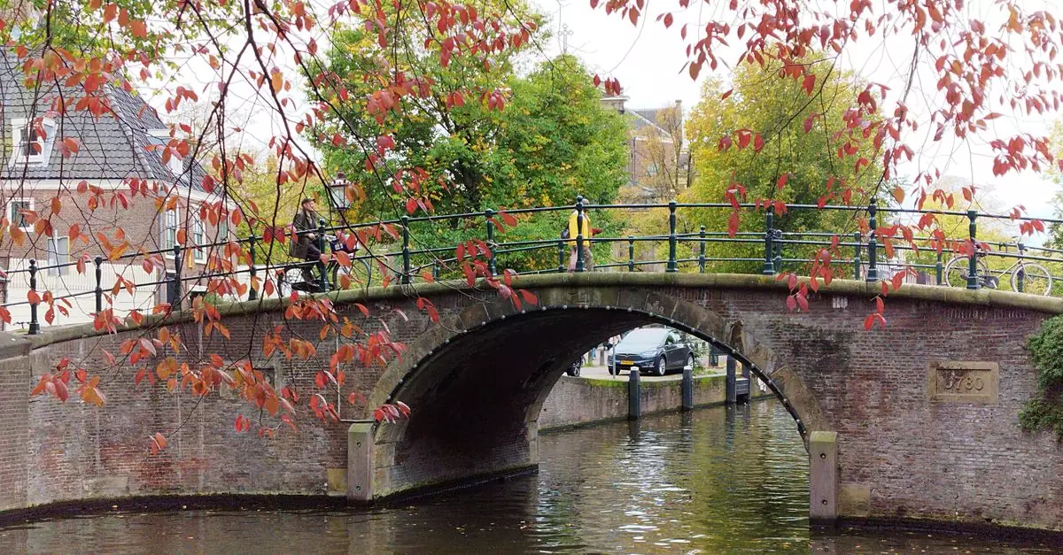 Picturesque bridge over a canal in Amsterdam with autumn leaves.