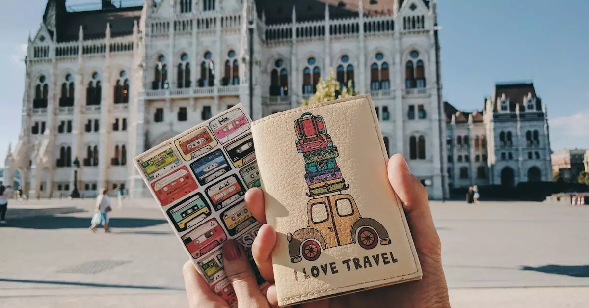Hands holding travel-themed passports with Budapest Parliament in the background.