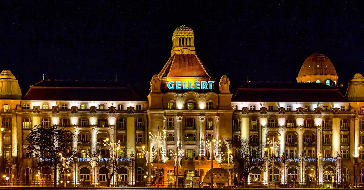Exterior of illuminated historical building with symmetric windows and domed roofs located in Budapest against dark night sky