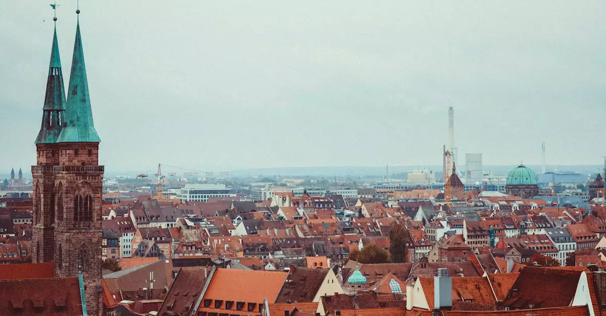 A picturesque view of N&uuml;rnberg's old town with Gothic architecture and urban skyline.