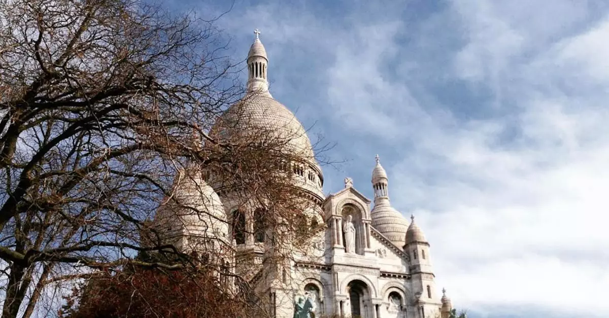Stunning view of Sacre Coeur Basilica in Paris, framed by trees under a clear blue sky.