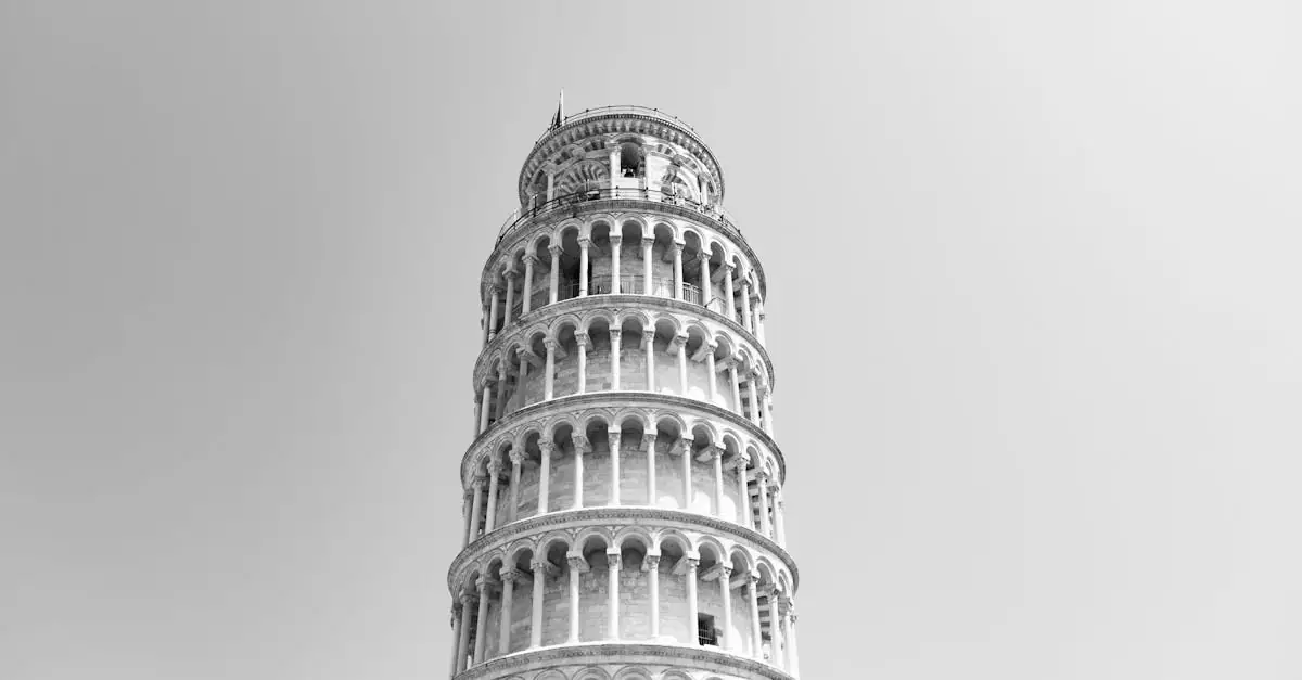 Monochrome photograph of the Leaning Tower of Pisa, Italy's renowned landmark.