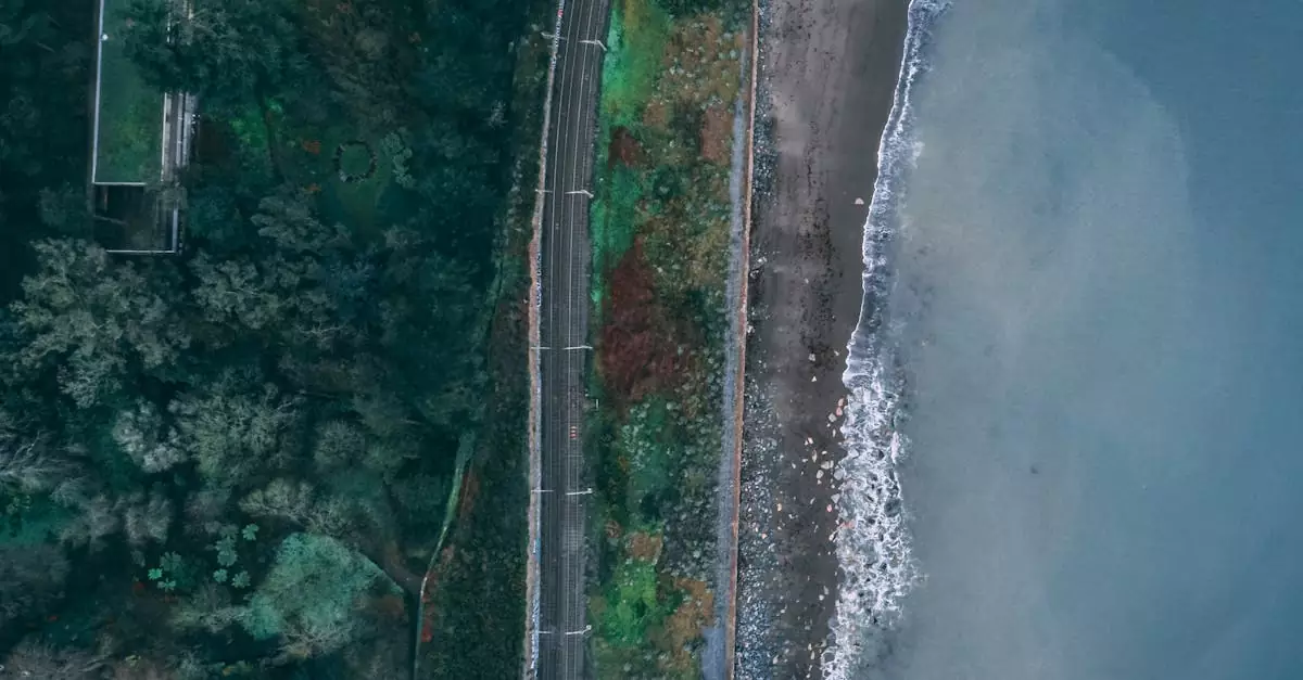 Aerial photograph showcasing Dublin's picturesque coastal railway and seaside landscape.