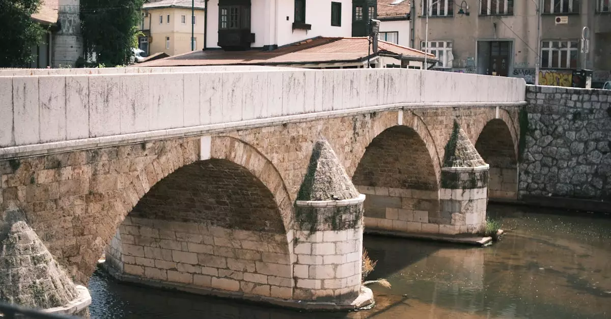 View of the Seher-Cehaja Bridge over the Miljacka River in Sarajevo.