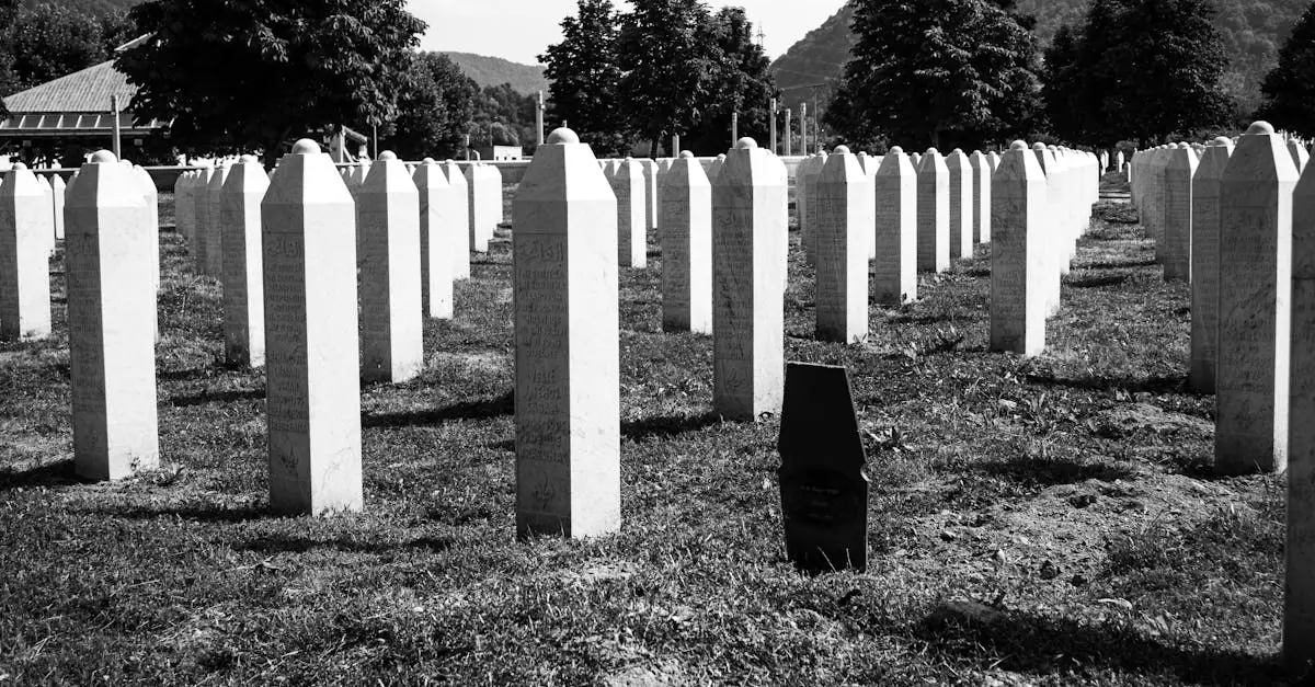Black and white photo of Srebrenica Memorial Cemetery, honoring the victims.