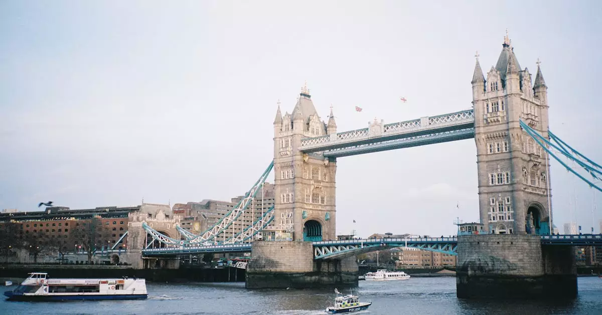 Beautiful overview of London's iconic Tower Bridge with boats sailing on the Thames River.