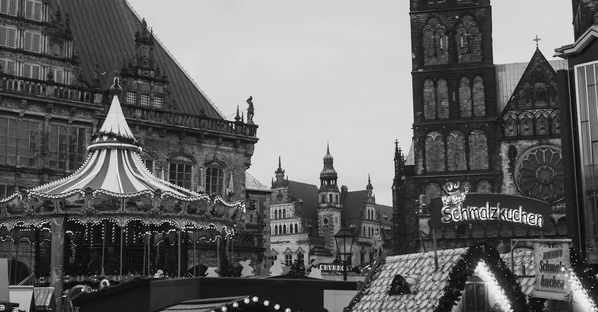 Charming black and white scene of Bremen Christmas market with carousel and festive lights.