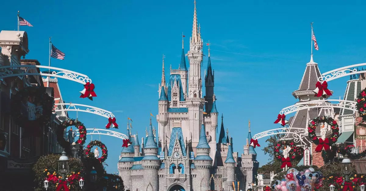 Cinderella Castle at Disney World's Magic Kingdom adorned for holiday festivities, Orlando, Florida.