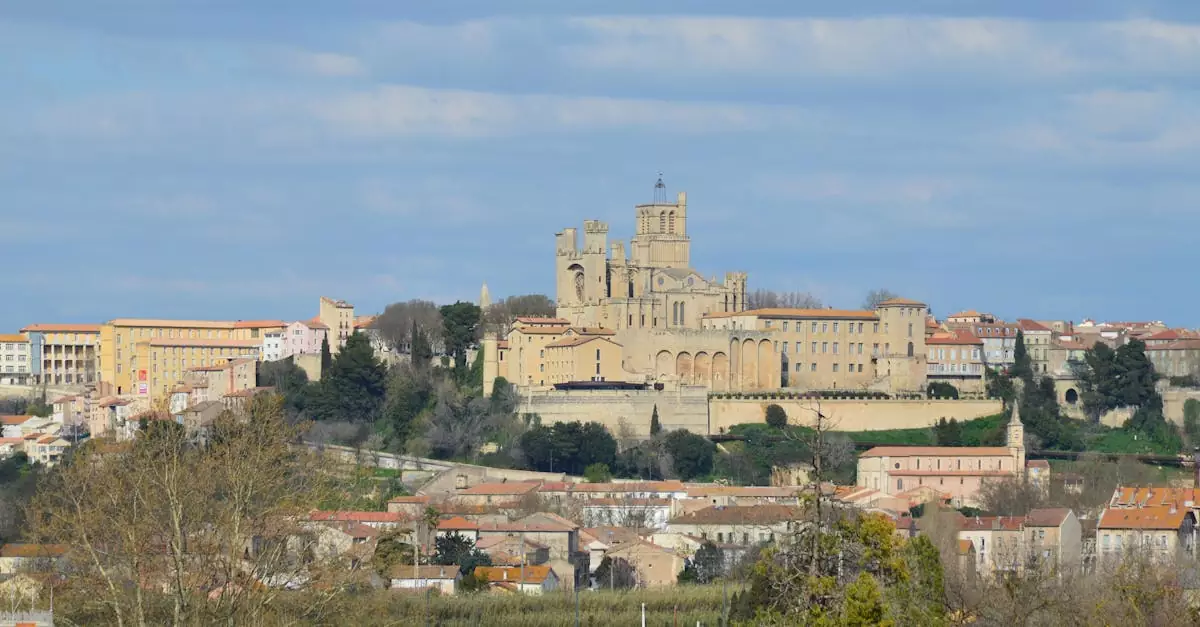 Stunning view of B&eacute;ziers Cathedral overlooking the town in Occitanie, France.