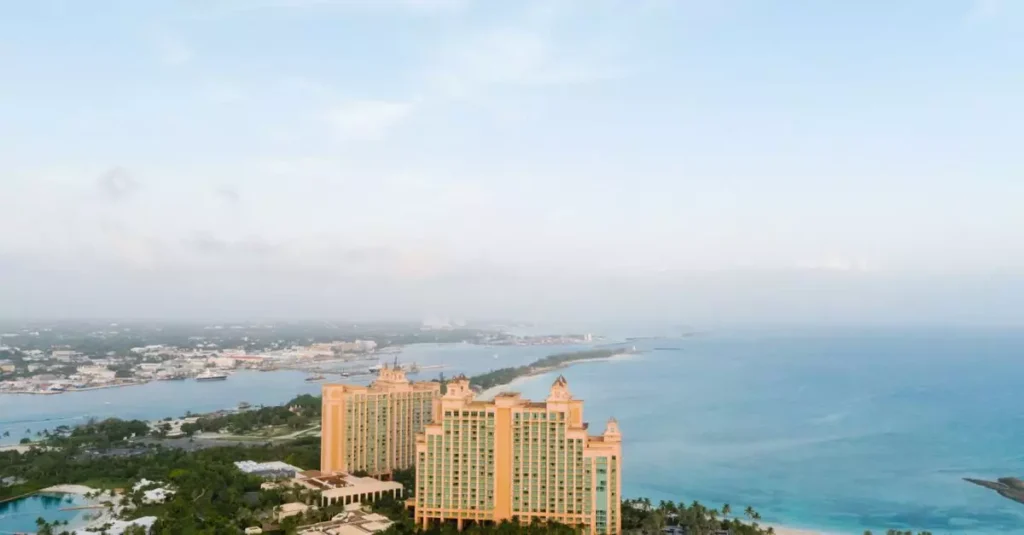Nassau Bahamas Things to Do: Your Ultimate Guide 2 Stunning aerial shot of the Atlantis Resort by the ocean in Nassau, Bahamas.