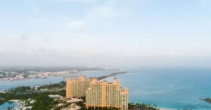 Stunning aerial shot of the Atlantis Resort by the ocean in Nassau, Bahamas.