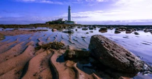 A breathtaking view of St Mary’s Lighthouse by the sea, featuring rocky shore and clear skies.