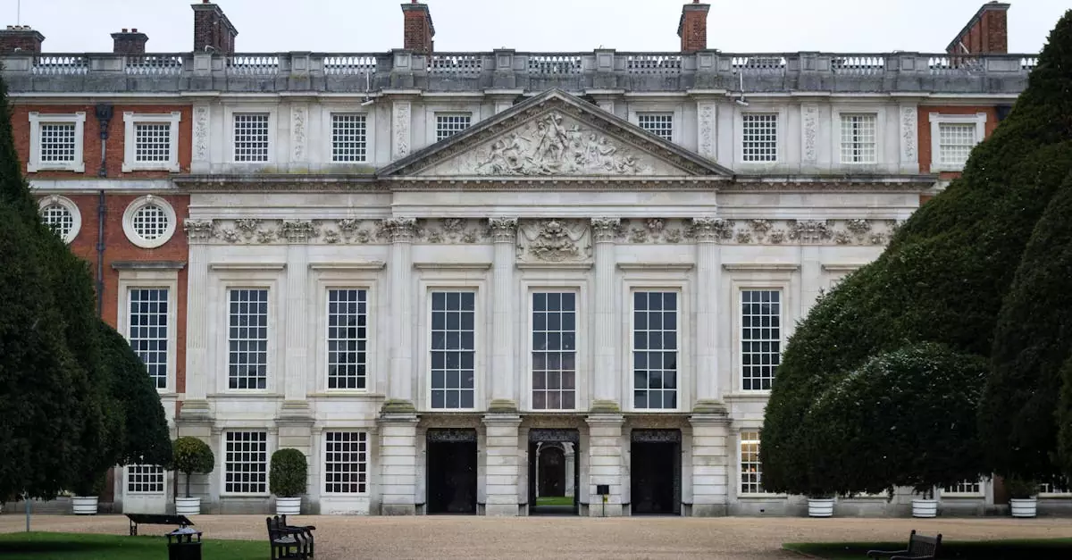 Front view of Hampton Court Palace showcasing its baroque architecture and historic charm.