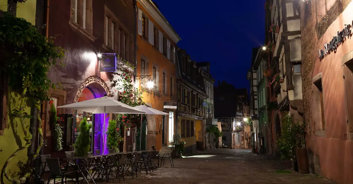 Peaceful night scene in Riquewihr, showcasing cobblestone streets and rustic architecture.