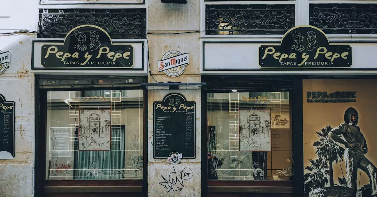 Front view of 'Pepa y Pepe' tapas bar showcasing signage and outdoor seating.