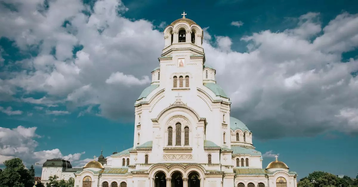 Stunning view of Alexander Nevsky Cathedral in Sofia, Bulgaria with a dramatic cloudy sky.