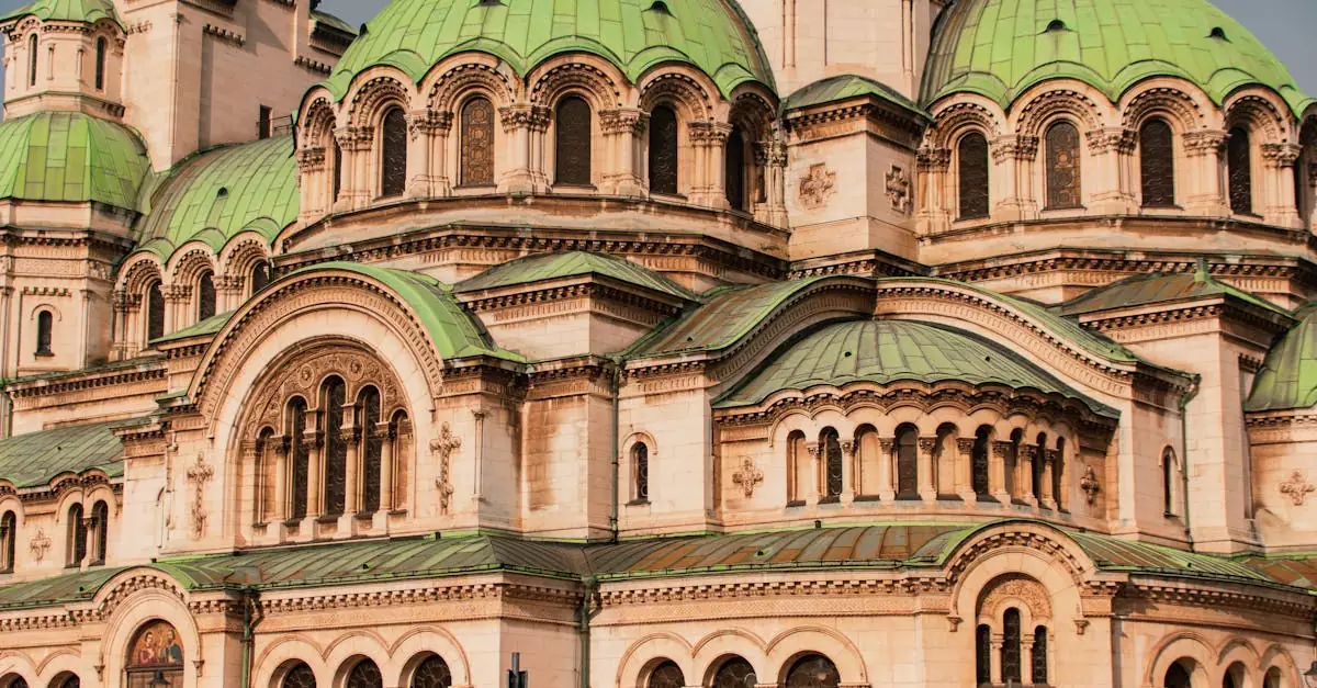 Close-up view of the stunning green domes of Alexander Nevsky Cathedral in Sofia, Bulgaria.