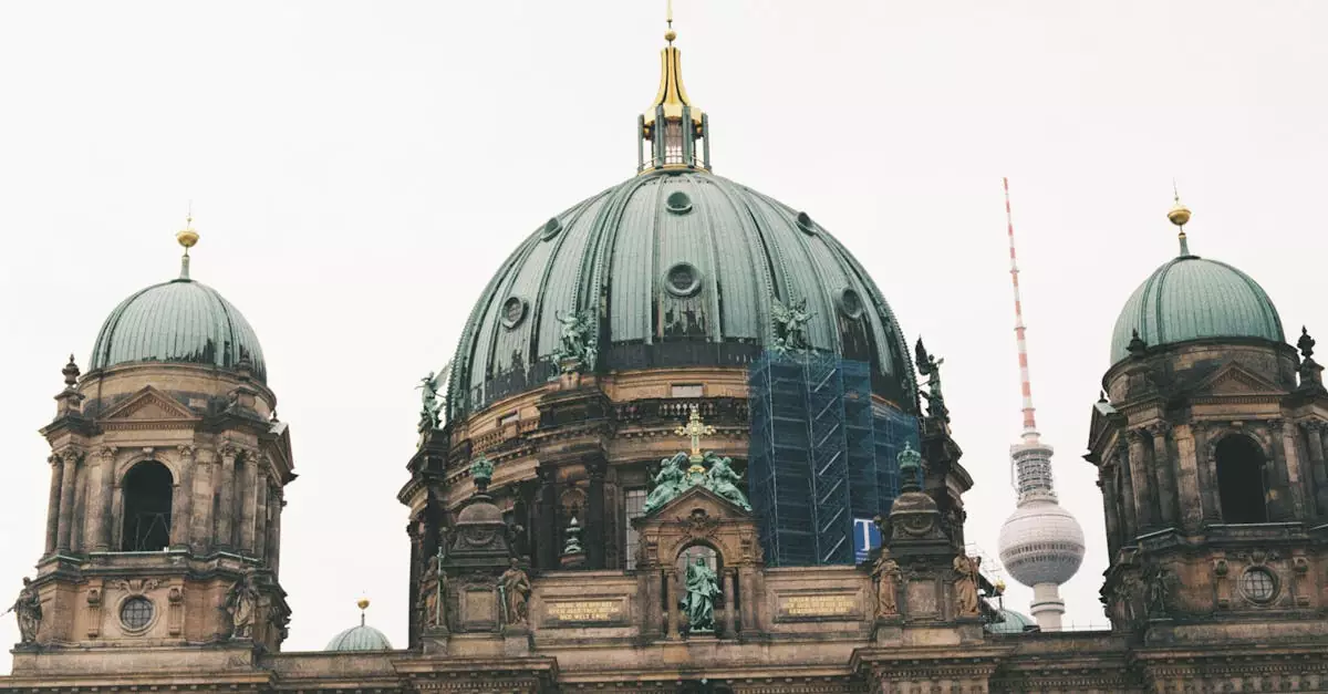 A captivating view of Berlin Cathedral with the TV Tower in backdrop, Berlin, Germany.