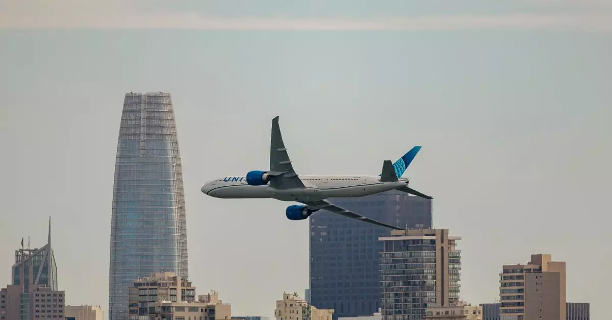 Airplane soaring above the iconic San Francisco skyline, featuring modern skyscrapers.