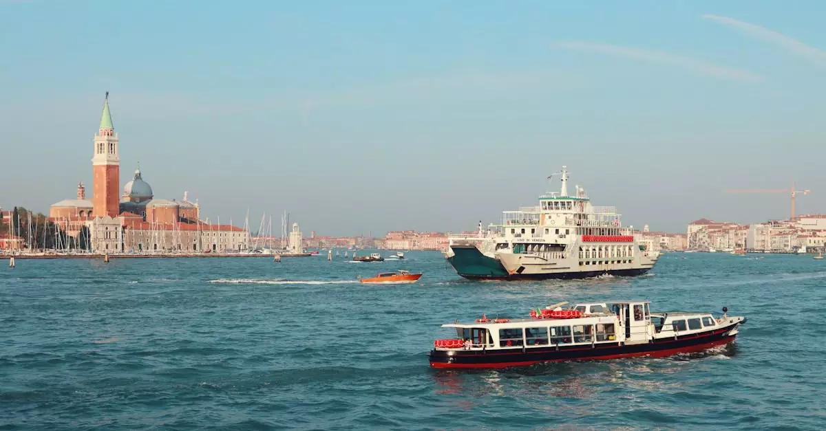 Scenic view of Venice's Grand Canal featuring boats and the iconic Saint Giorgio Maggiore church at daytime.